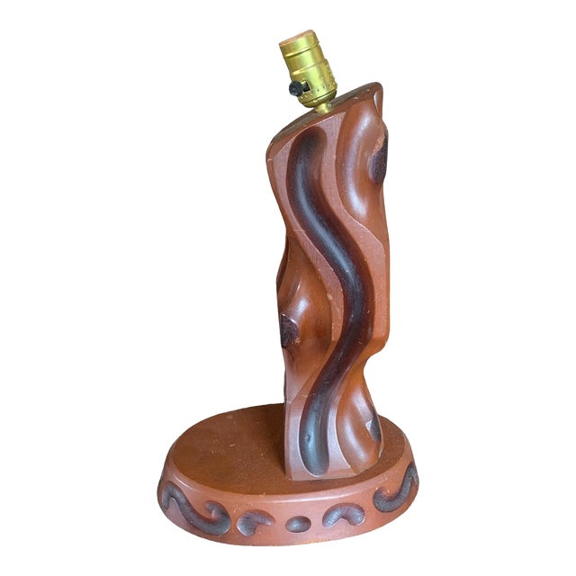 Mid-Century Carved Wood Brutalist Table Lamp With Angled Socket For Sale