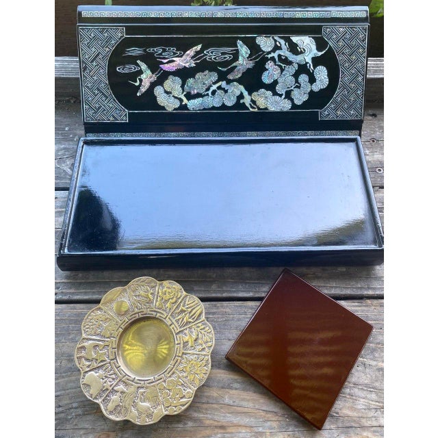 Large Vintage Korean Black Lacquer Mother-of-Pearl Scholar’s Box With Brass Dish Insert For Sale - Image 15 of 16