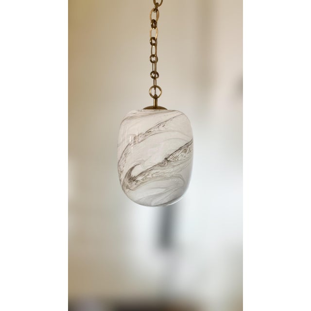 Metal Italian Handblown Faux Alabaster Glass Pendant Light With Brass Chain & Fittings – 9" X 11" Glass Shade For Sale - Image 7 of 16