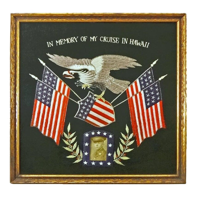Antique American Eagle Flag Banners Needlework Trapunto Silk Embroidery For Sale