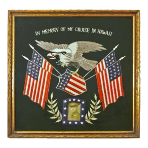 Antique American Eagle Flag Banners Needlework Trapunto Silk Embroidery