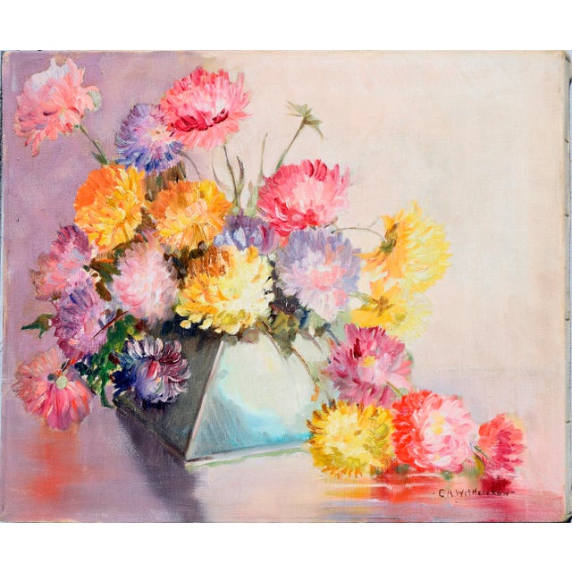 Vibrant mid-century floral still-life of a bouquet of Chrysanthemums in a classic Deco style trapezoid vase by C.A....