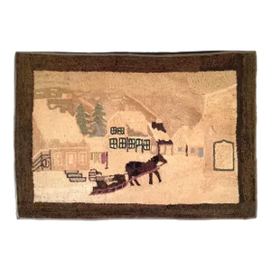 Circa 1930s/40s Hooked Rug Winter Scene W/Sleigh Mounted for Hanging
