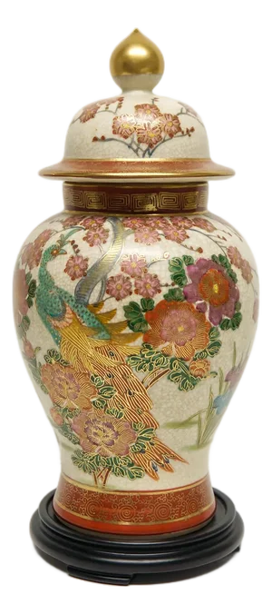 Satsuma Ginger Jar With Peacock and Cherry Blossoms on Wood Stand