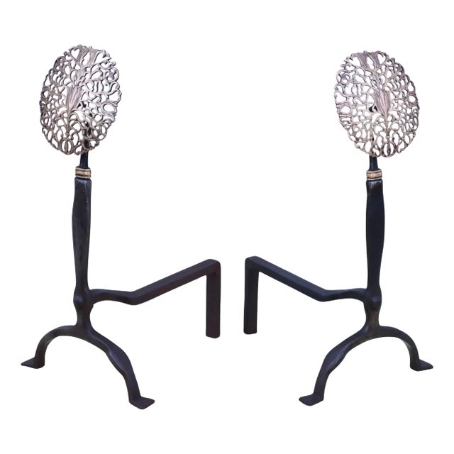 1900's Ernest Gimson Style Brass And Iron Andirons - A Pair For Sale