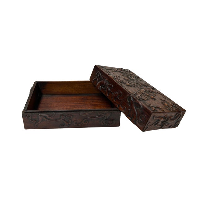 Asian Oriental Relief Mythical Figure Motif Brown Natural Wood Small Accent Box For Sale - Image 3 of 9