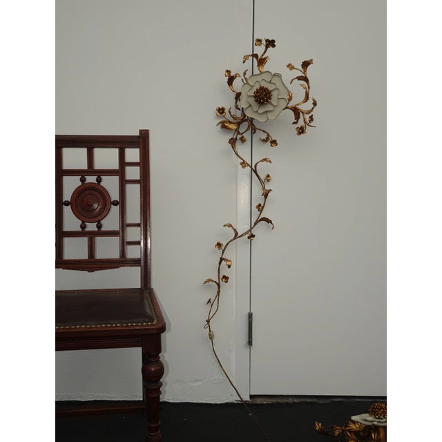 Hollywood Regency Pair Vtg Italian Hollywood Regency Gold Floral Wall Lights Sconce Made Italy #1 For Sale - Image 3 of 12