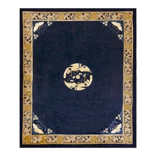 1920s Navy Blue Field Antique Floral Medallion Hand Knotted Chinese Peking Rug For Sale