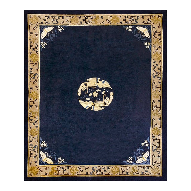 1920s Navy Blue Field Antique Floral Medallion Hand Knotted Chinese Peking Rug For Sale