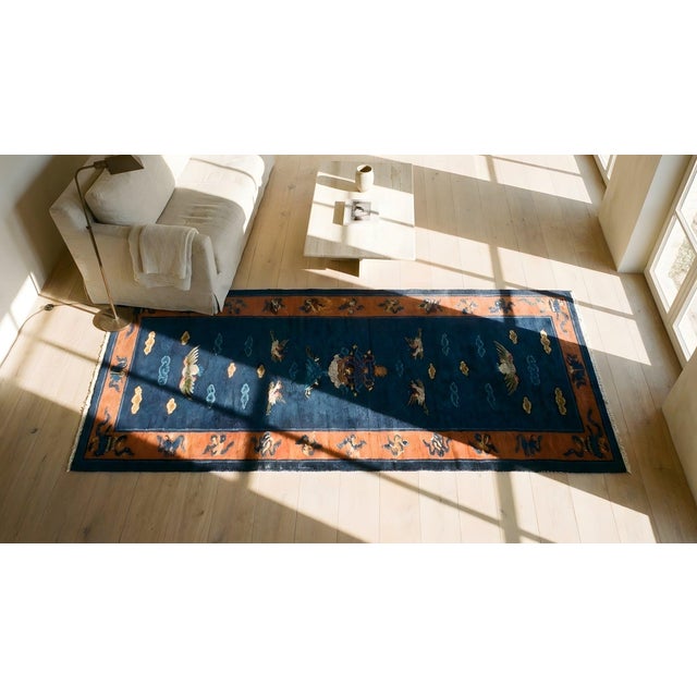Navy Blue 1920s Blue Navy Animal Antique Chinese Peking Rug 3'2" X 11'8" Hand Knotted Wool Carpet For Sale - Image 8 of 8