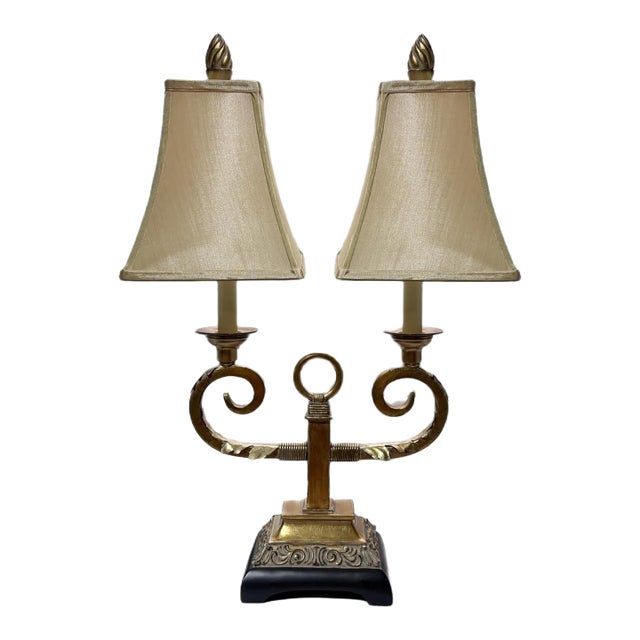 Vintage Art Deco Hollywood Regency Twin Toleware Table Lamp For Sale