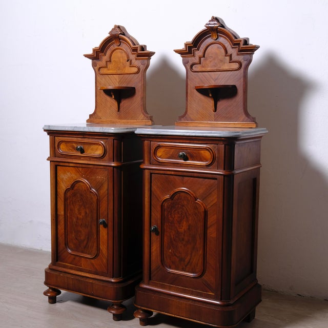 Antique Bedside Tables with Marble Backsplashes and Bases, Late 19th Century, Set of 2 For Sale - Image 5 of 18
