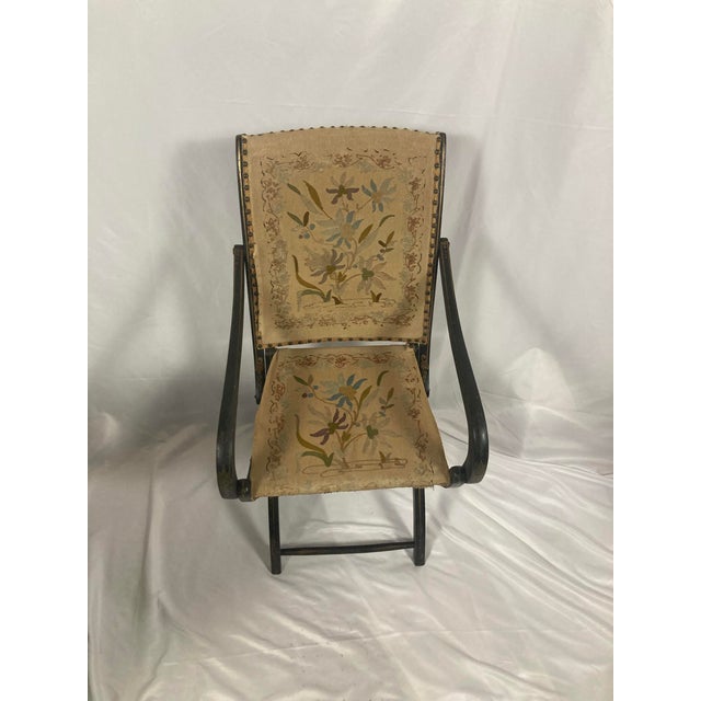 French Napoleon III Ebonized Folding Armchair — Original Crewelwork, c.1875 For Sale - Image 3 of 14