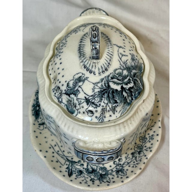 English Antique Sampson Hancock Aesthetic Movement Small Covered Tureen With Drip Plate in the Blue Poppy Floral Pattern From England - Circa 1885 For Sale - Image 3 of 12