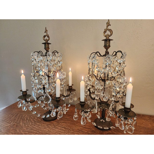 Exquisite Pair of Vintage Crystal Girandole Candelabra 5 Light Mantel Garnitures For Sale - Image 11 of 18