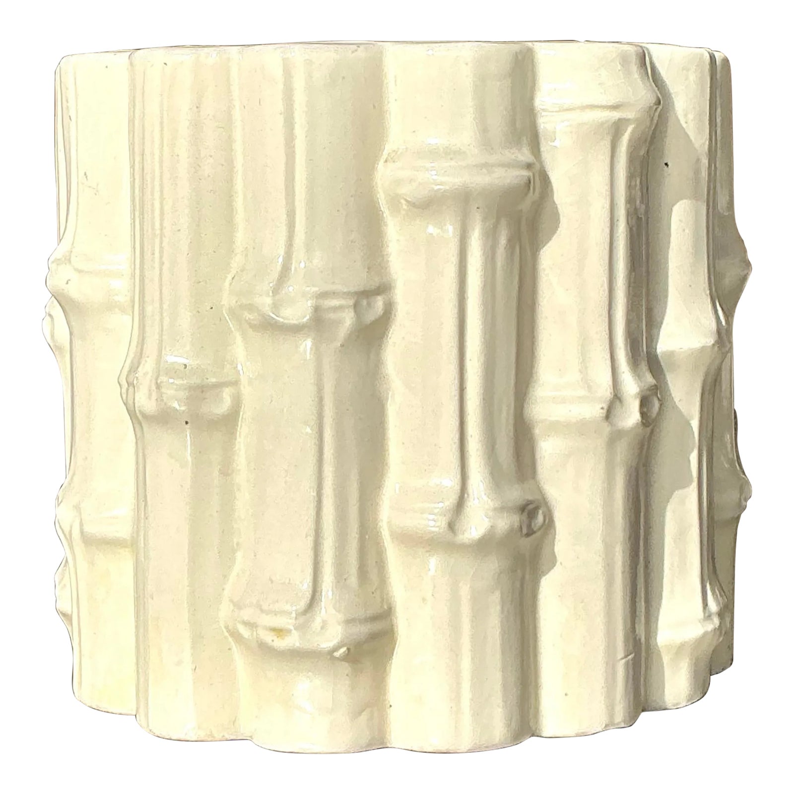 Vintage Coastal Glazed Ceramic Bamboo Cache Pot | Chairish