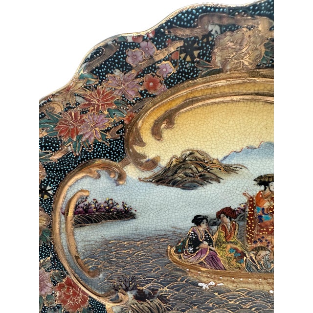 Vintage Satsuma Hand Painted Earthenware Platter With Scalloped Edges For Sale In Birmingham - Image 6 of 12