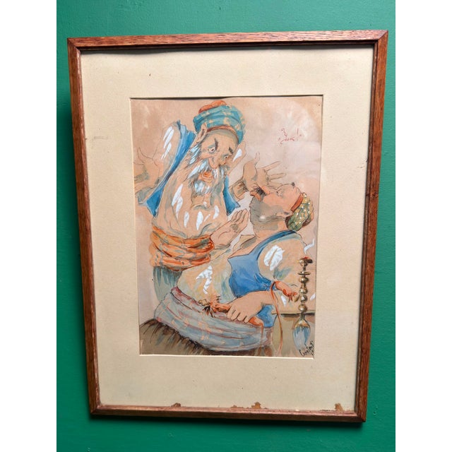 An amazing framed watercolour of two men in heated discussion known only as Barber shop scene Constantinople (Istanbul)....