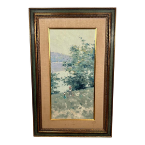 1960s Framed Andre Gisson Oil on Canvas Impressionist Painting Mother/Daughter 33” X 21”