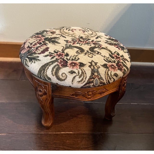 Vintage Carved Wood Footstool With Floral Tapestry Upholstery For Sale - Image 11 of 12