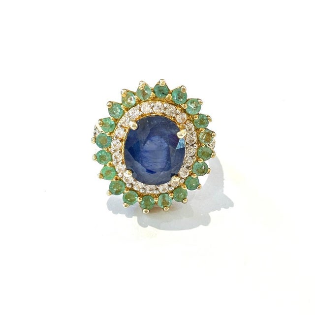 Bochic “Orient” Blue Sapphire, Emerald & Diamond Ring Set in 18k & Silver Size 6.5 For Sale - Image 4 of 5
