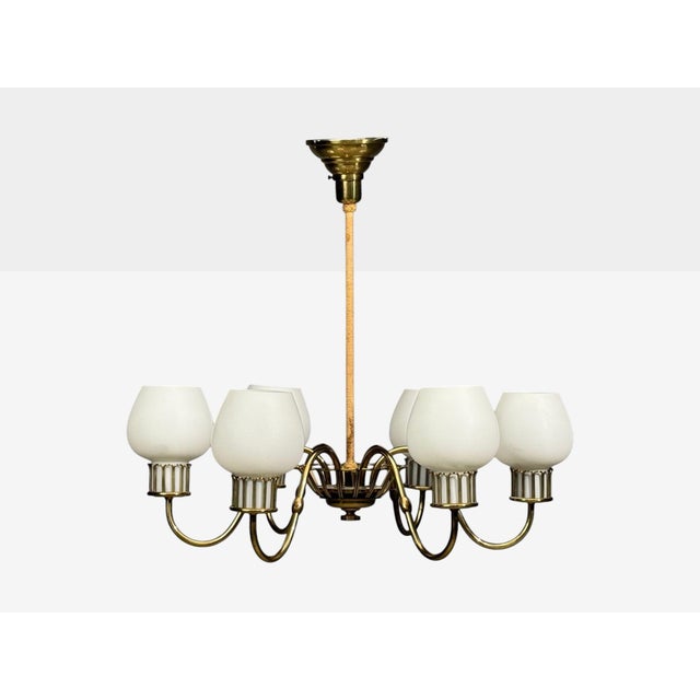 Mid-Century Modern 1960s Danish Modern, Chandelier, Brass, String, Glass For Sale - Image 3 of 13