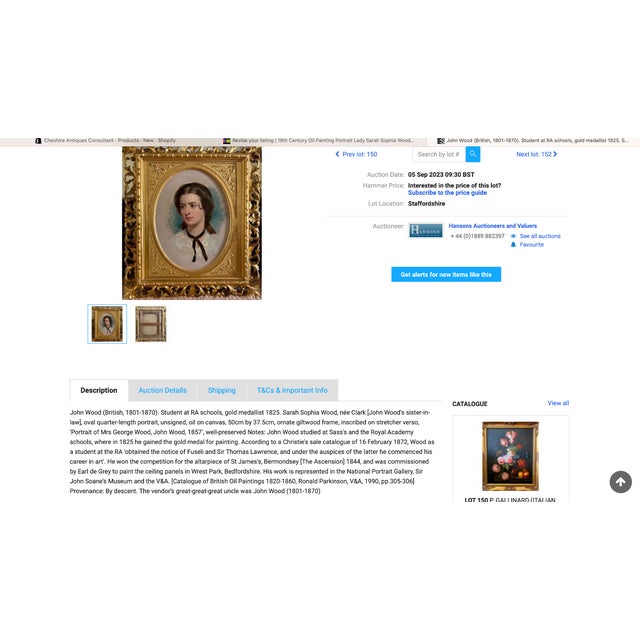 19th Century Oil Portrait Dated 1857 “Mrs George Wood” (Sarah Sophia, Née Clark) by John Wood— Oil on Canvas Gilt Framed For Sale - Image 16 of 18