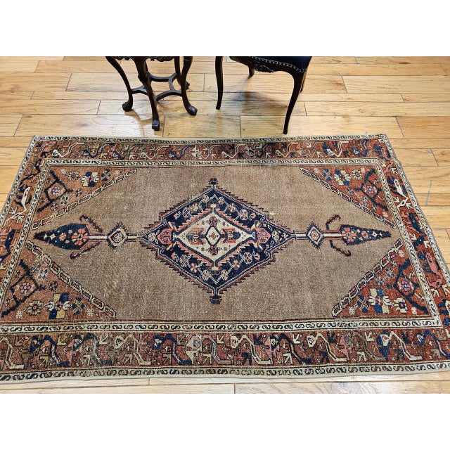 1900 - 1909 Vintage Persian Malayer Area Rug, Hand-Knotted Wool, Geometric Medallion Pattern, Camelhair & Red, 4x7 For Sale - Image 5 of 16