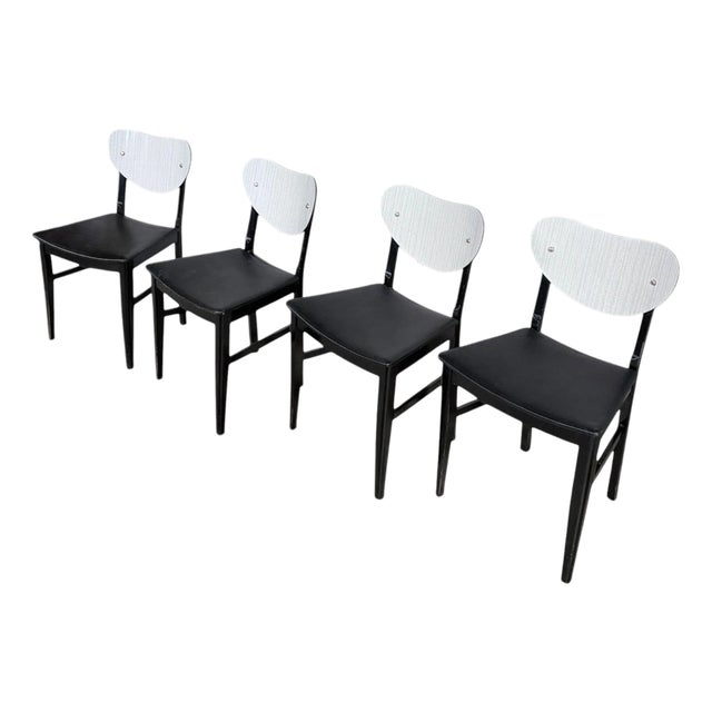 Mid-Century Dining Chairs in White Formica & Black Vinyl, Set of 4 For Sale