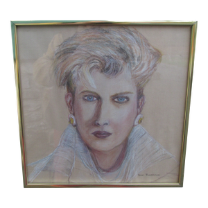 Vintage Framed Charcoal on Paper Portrait of a 1980s Woman
