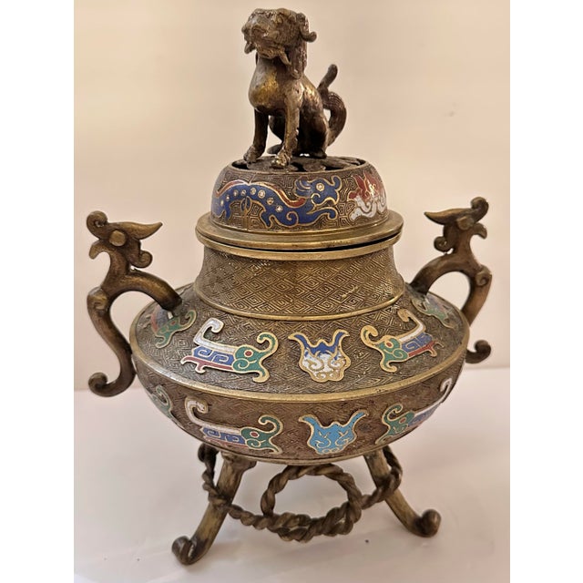 Early 20th Century Chinese Foo Dog Bronze Cloisonné Censor For Sale In Miami - Image 6 of 12