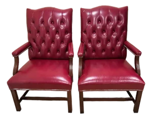 Hancock & Moore Tufted Red Leather Armchairs -a Pair