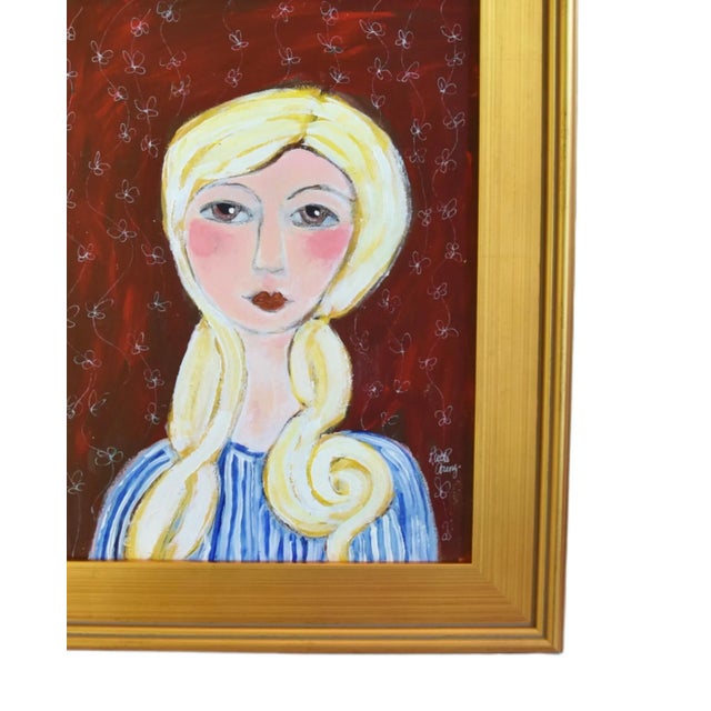 Contemporary mademoiselle with blonde curly locks portrait oil painting on artists' stretched canvas. It is signed by the...