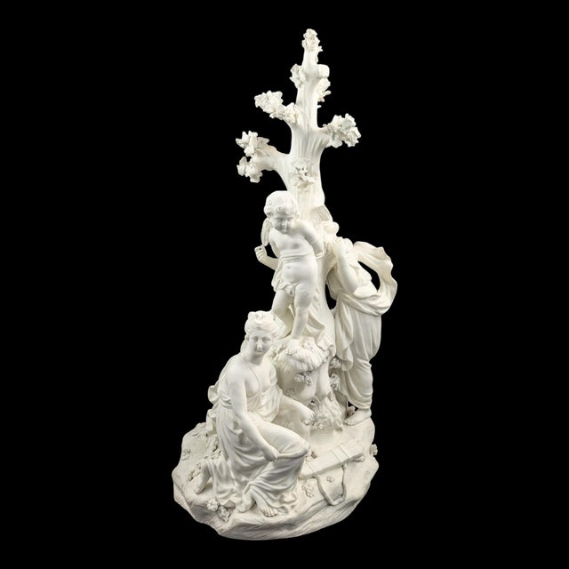 A striking Derby biscuit porcelain sculpture after Kauffmann and Ryland (1777): the Three Graces bind Cupid beneath a high...