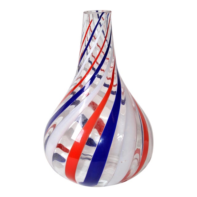 Marked Italian Blown Murano Decorative Vase Swirls of Red, White & Blue Color For Sale