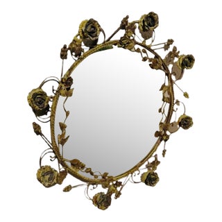Vintage Italian Tole Mirror With Verdigris Finish Roses on Vine For Sale