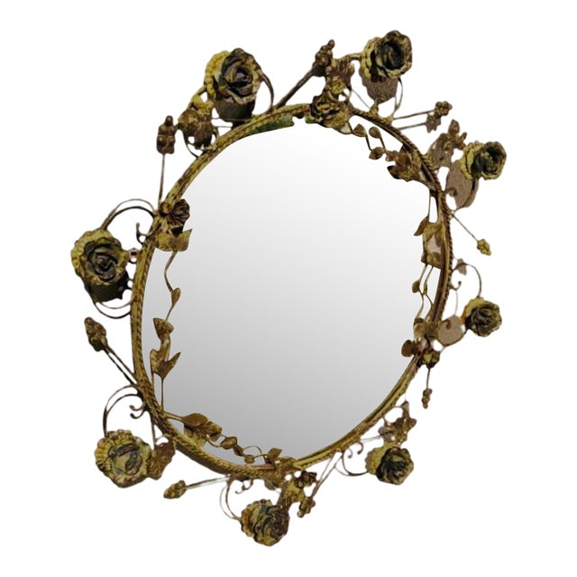 Vintage Italian Tole Mirror With Verdigris Finish Roses on Vine For Sale