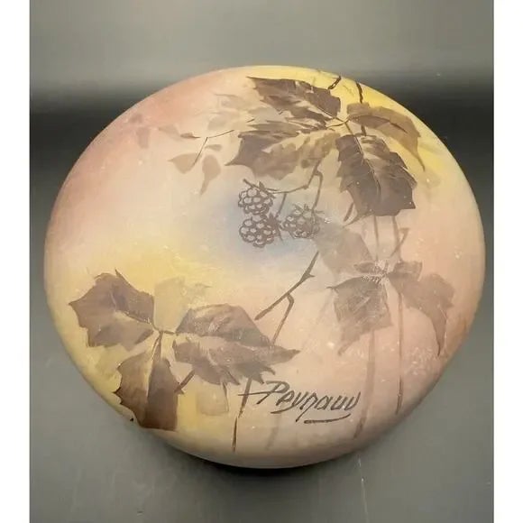 Art Nouveau round glass box by Jean-Simon Peynaud, with an interesting layered pattern of fall leaves on a brown, red and...