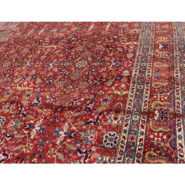 Large Antique Persian Fine Weave Tabriz in Red Background & Light Blue Guard Borders. For Sale In Atlanta - Image 6 of 13