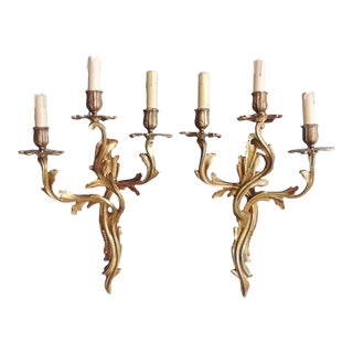 1920s Very Large Pair of French Louis XV Style Bronze Candle Holders Sconces For Sale