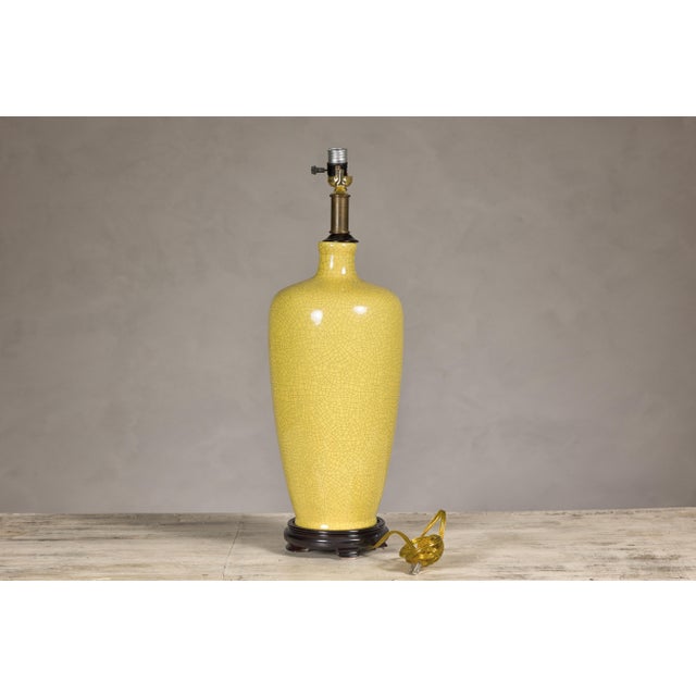 Yellow Crackle Glazed Ceramic Vase Made into Table Lamp on Wooden Base For Sale - Image 4 of 9