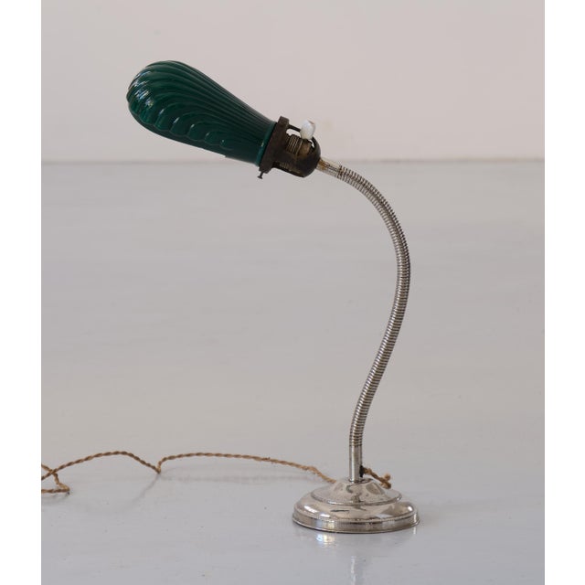 Vintage table lamp, made of chromed metal and green glass shade , Italy Shell-shaped lampshade and two-tone glass, green...