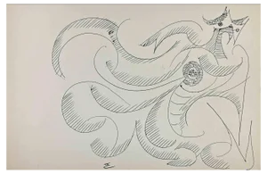 Michel Cadoret, Abstract Composition, China Ink Drawing, Mid-20th Century