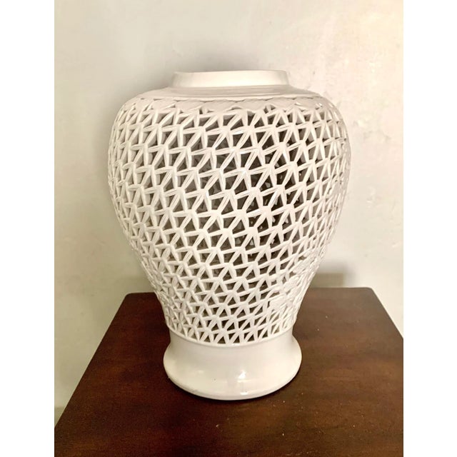 Beautiful vintage large votive with traditional Japanese cherry blossom cutout design Cream color ceramic 11” hx 8”d...