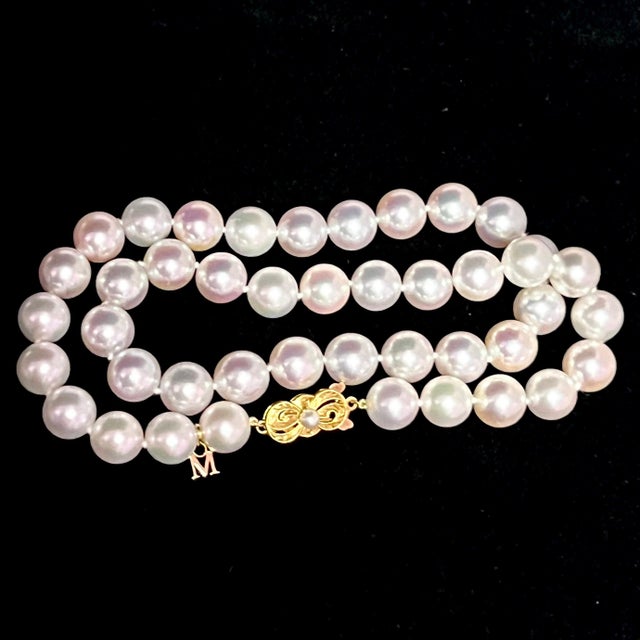 Metal Late 20th Century Mikimoto Estate Akoya Pearl Necklace 18" 18k Y Gold 10 MM Certified For Sale - Image 7 of 12