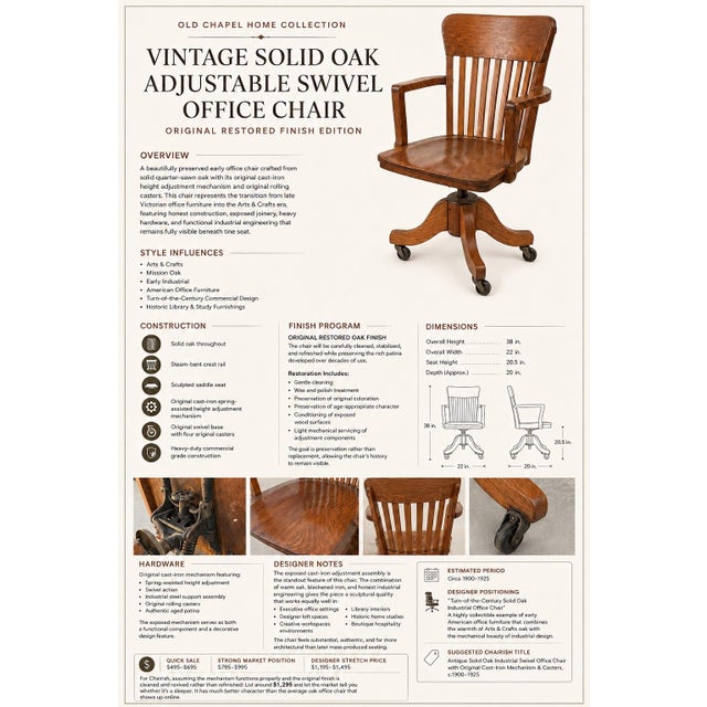 Antique Solid Oak Adjustable Swivel Office Chair With Original Cast Iron Mechanism & Casters, c.1900–1925 For Sale - Image 4 of 6