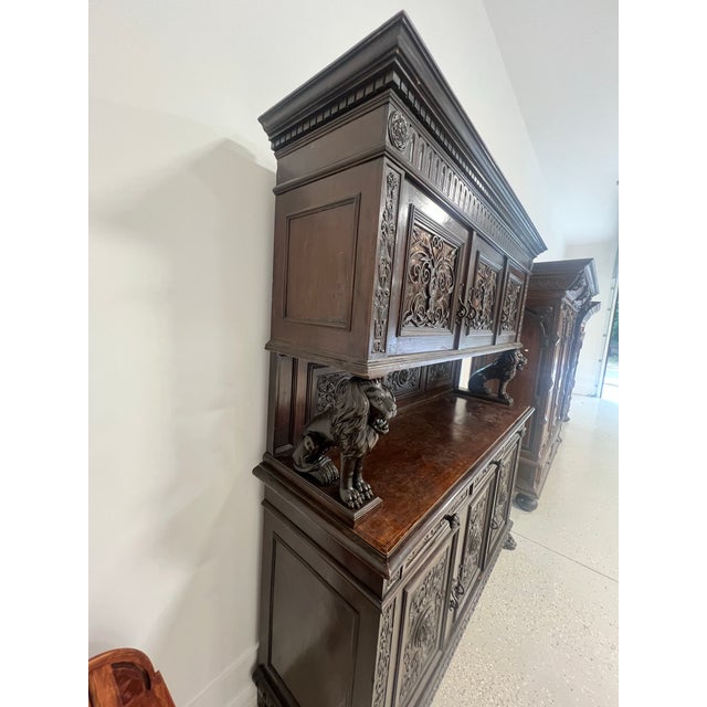 Carved Walnut Italian Renaissance Revival Buffet With Lion Supports and Wrought Iron Glass Doors For Sale - Image 11 of 12