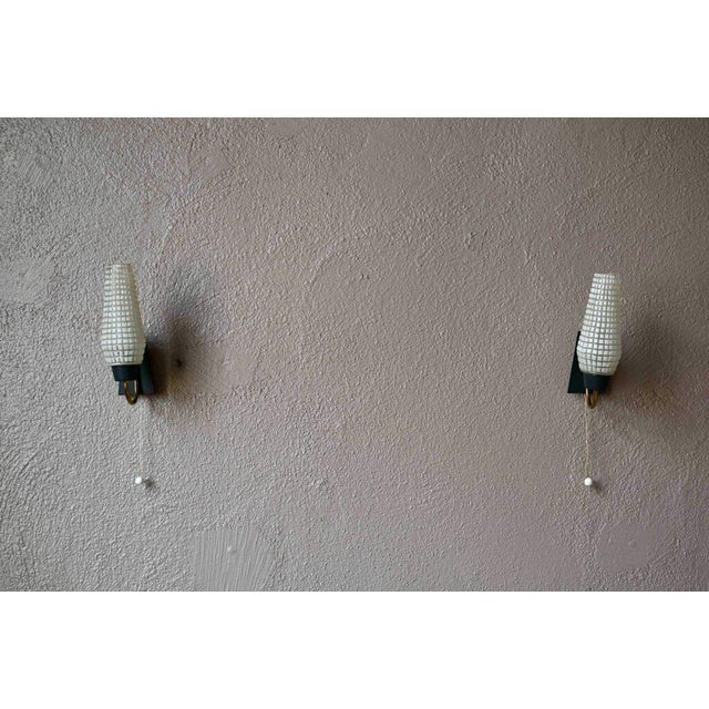 Beige Mid-Century French Modernist Wall Sconces in Black and Gilt Metal and Printed Glass, 1950s, Set of 2 For Sale - Image 8 of 11