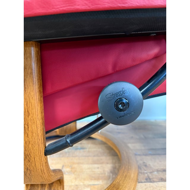 Red Leather Ekornes Stressless Chair & Ottoman For Sale - Image 11 of 12