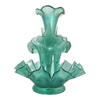 1994 Fenton Stiegal Iridescent Stretch Green 4-Horn 5-Piece Epergne Vase For Sale